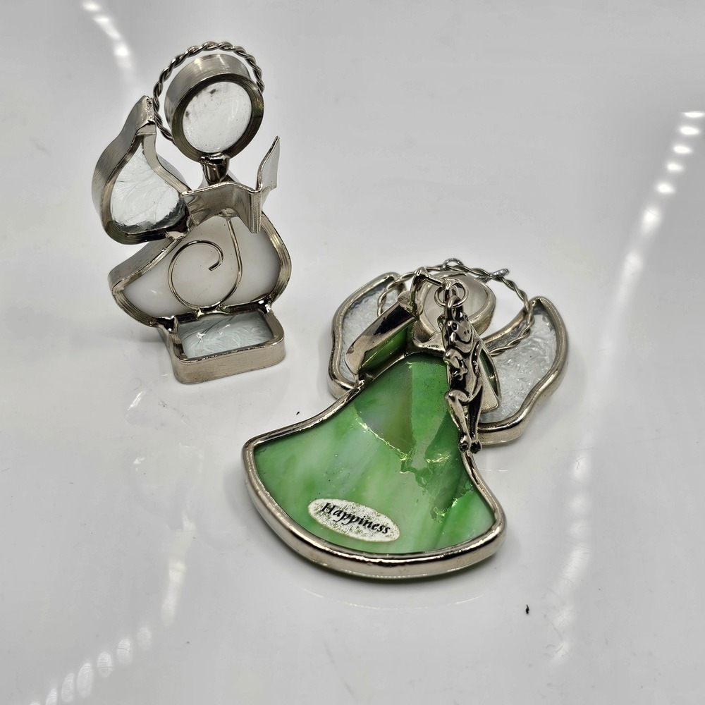 Two Vintage Stained Glass Angel Figurine Set Green Happiness Frog Ornament White